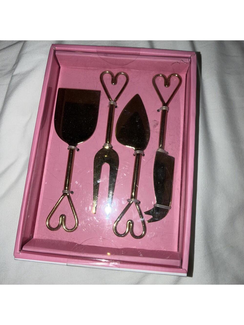 Heart Handle Gold Cheese Knife Set of 4 New In Original Box Crafted In India NIB
